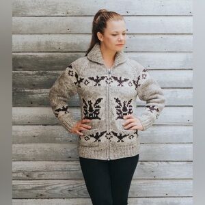 Vintage TUAK Hand-Knit Wool Sweater Jacket | Made in Canada | Eagle Motif | S/M